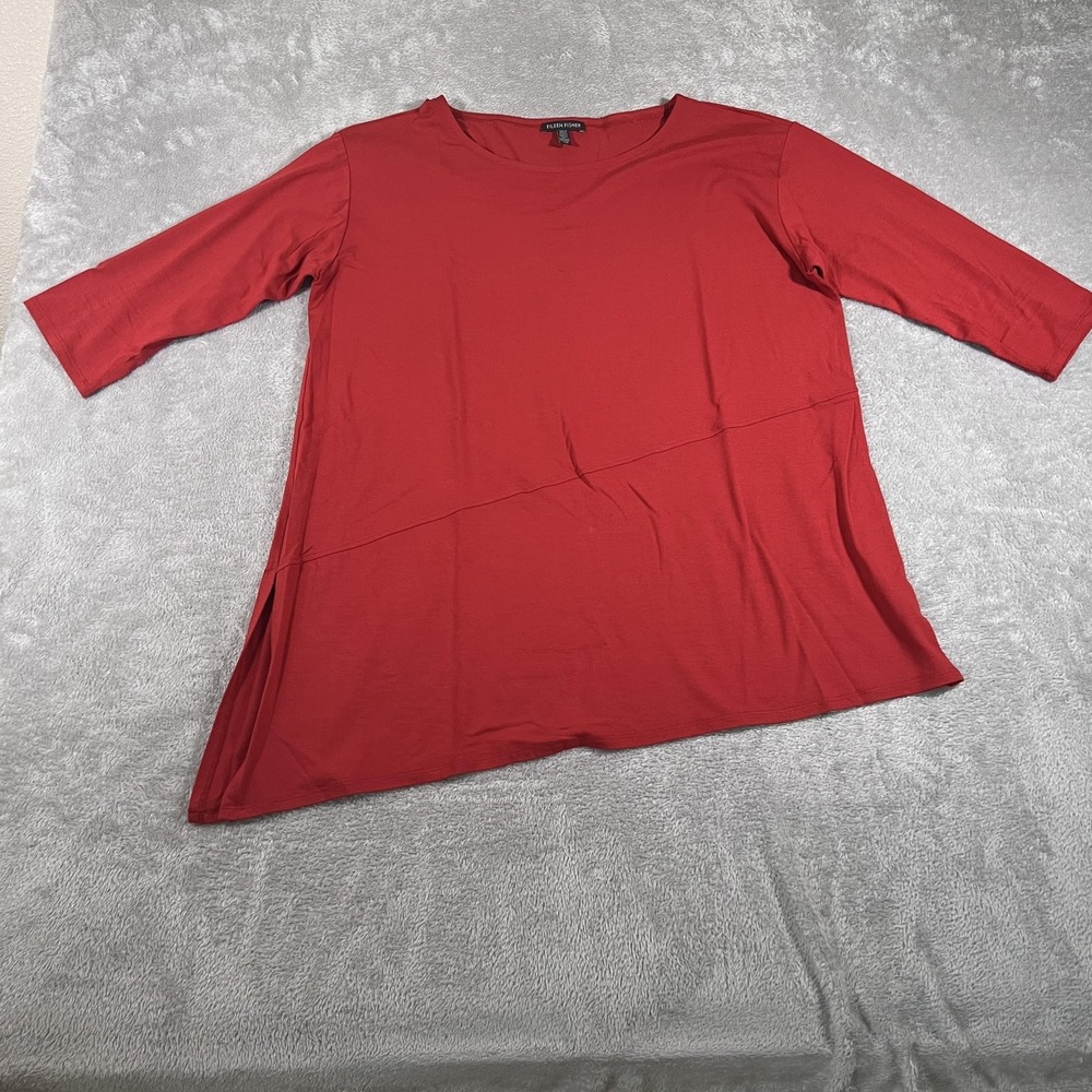 Eileen Fisher Tunic Shirt Womens Large Red Stretch Asymmetric Hem 3/4 Sleeve Top